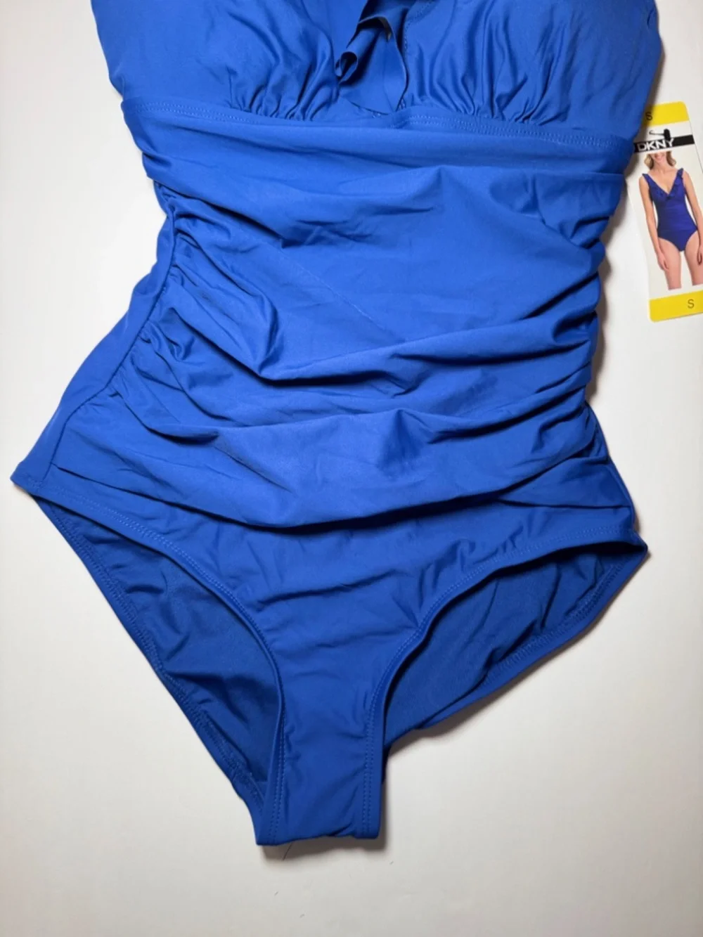 DKNY One Piece Swimsuit Small Blue Ruffle V-Neck Ruched Tummy Control NWT - Picture 5 of 8